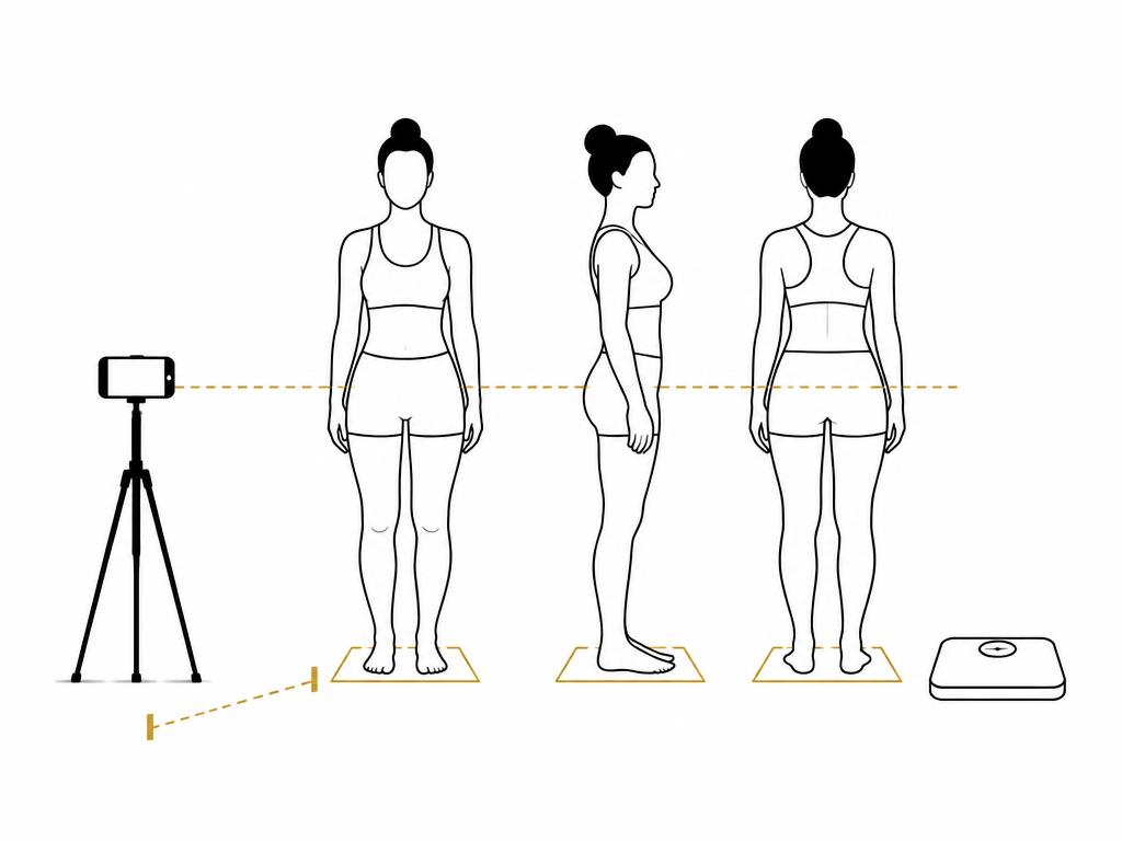 Diagram showing front, side and back photo poses with phone at hip height and a scale